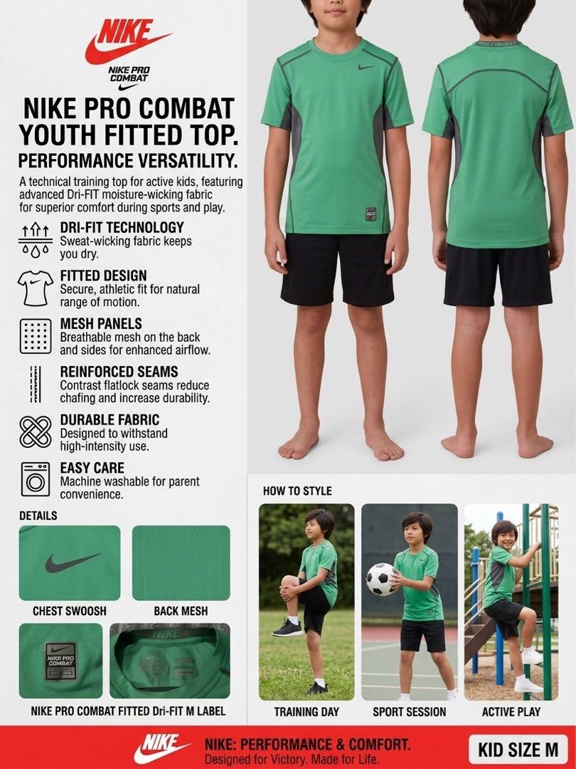 NIKE- Pro Combat (Fitted / Dri-FIT series) (Category: Looking For) located in Paranaque City. Submitted by hershop.sbt (Listing ID 1460228954, Image 1). Description: Brand: Nike Pro Combat Line: Dri-FIT / Fitted Performance Series Style: Youth Short-Sleeve Athletic Training Shirt Size: Youth Medium (M) Colorway: Kelly Green / Charcoal Grey Material: 100% Moisture-Wicking Dri-FIT Polyester Key Features: Breathable mesh back and side ventilation pa