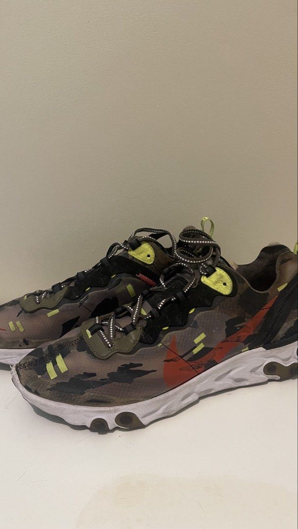 Nike React Element 87 Camo Size 11 (Category: Sneakers) located in Manila. Submitted by everythingmustgopage (Listing ID 1460164100, Image 2). Description: - Nike React Element 55 sneakers - Camouflage pattern - Size: US 11 (UK 10, EUR 45) - Features Nike React foam sole for ultimate comfort - Shows some signs of wear on soles and uppers - Perfect for everyday wear.
