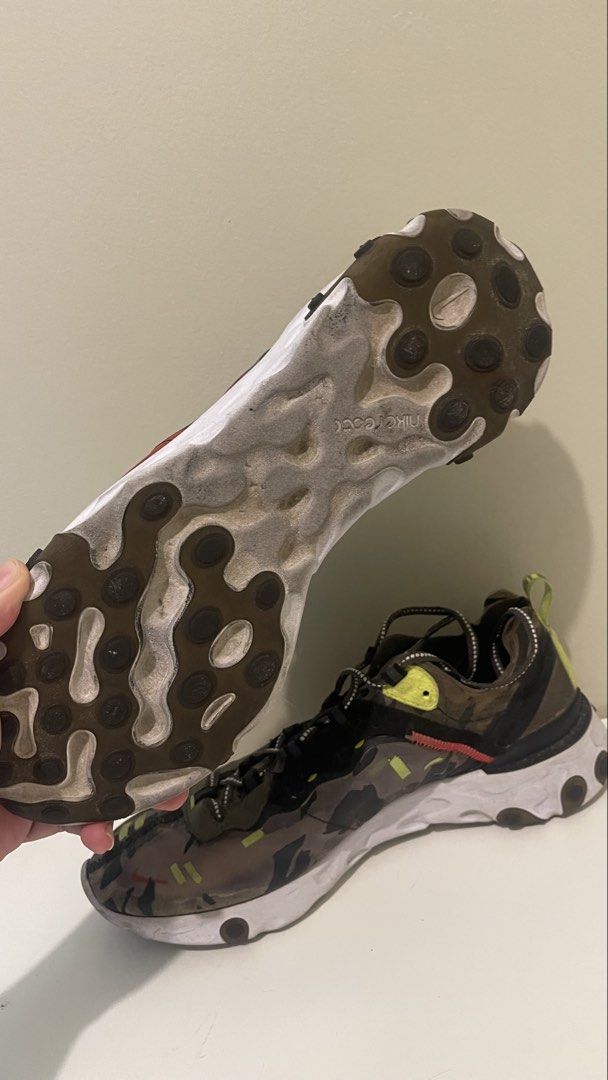 Nike React Element 87 Camo Size 11 (Category: Sneakers) located in Manila. Submitted by everythingmustgopage (Listing ID 1460164100, Image 3). Description: - Nike React Element 55 sneakers - Camouflage pattern - Size: US 11 (UK 10, EUR 45) - Features Nike React foam sole for ultimate comfort - Shows some signs of wear on soles and uppers - Perfect for everyday wear.
