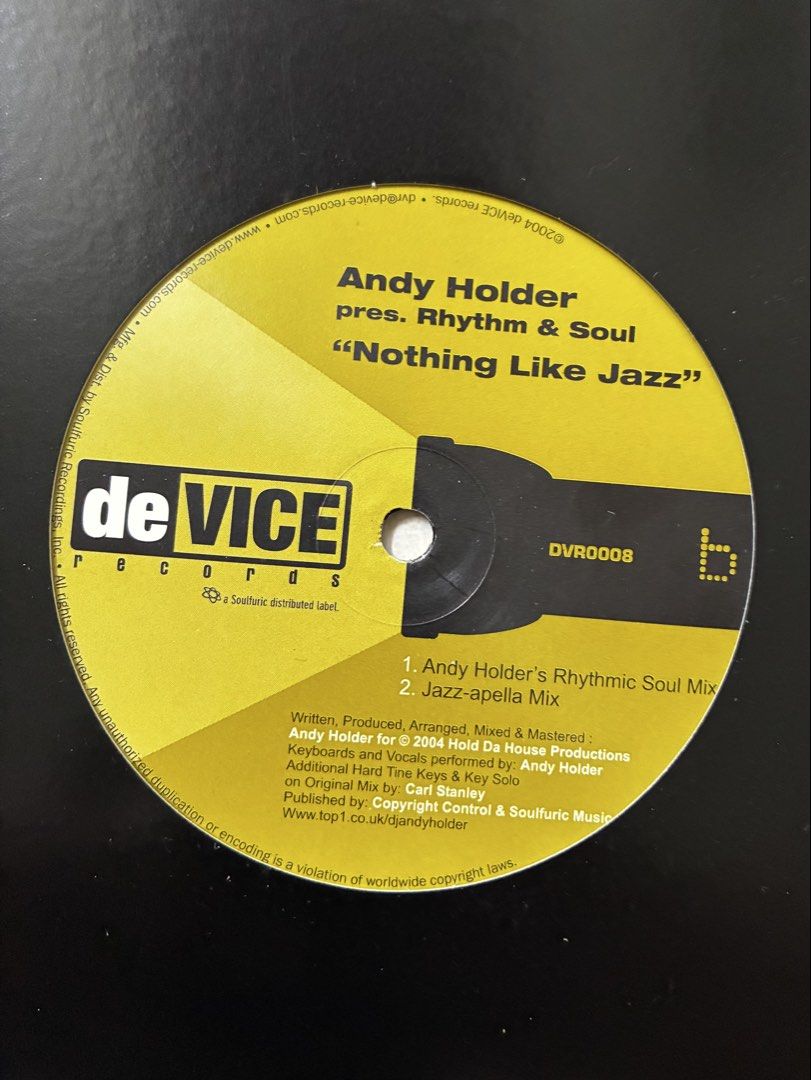 Nothing Like Jazz - Andy Holder House Vinyl Record (Category: Vinyls) located in Quezon City. Submitted by 003___ (Listing ID 1460143328, Image 3). Description: Title: Nothing Like Jazz Artist: Andy Holder Genre: House Year: 2004 Condition: VG Sleeve Condition: G https://www.discogs.com/release/1322862-Andy-Holder-Pres-Rhythm-Soul-Nothing-Like-Jazz 800.