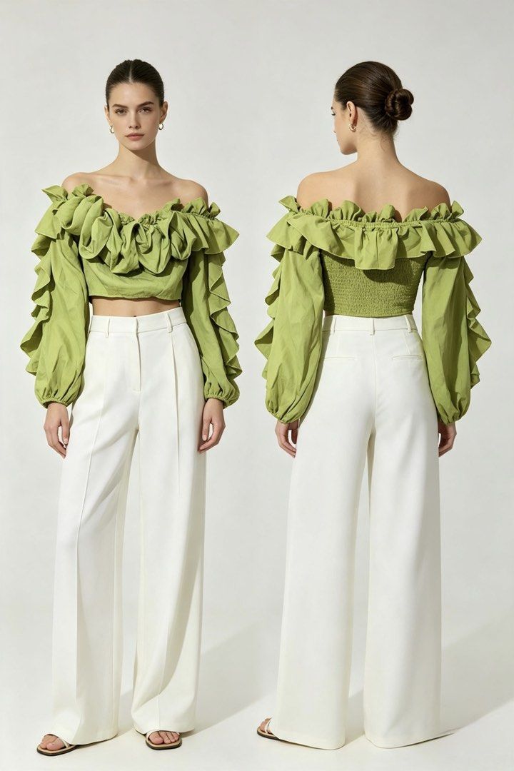 Off Shoulder Ruffle Trim Lantern Sleeve Going Out Black Crop Top (Category: Blouses) located in Manila. Submitted by thelabelfindsbym (Listing ID 1459962647, Image 1). Description: .