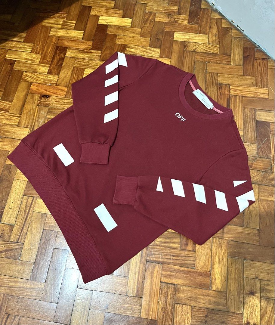 OFF-WHITE “maroon” Sweatshirt (Category: Coats, Jackets and Outerwear) located in Manila. Submitted by oloip.thrift (Listing ID 1460131908, Image 1). Description: Excellent Condition Size: M Dimes: 21/26 No issue.