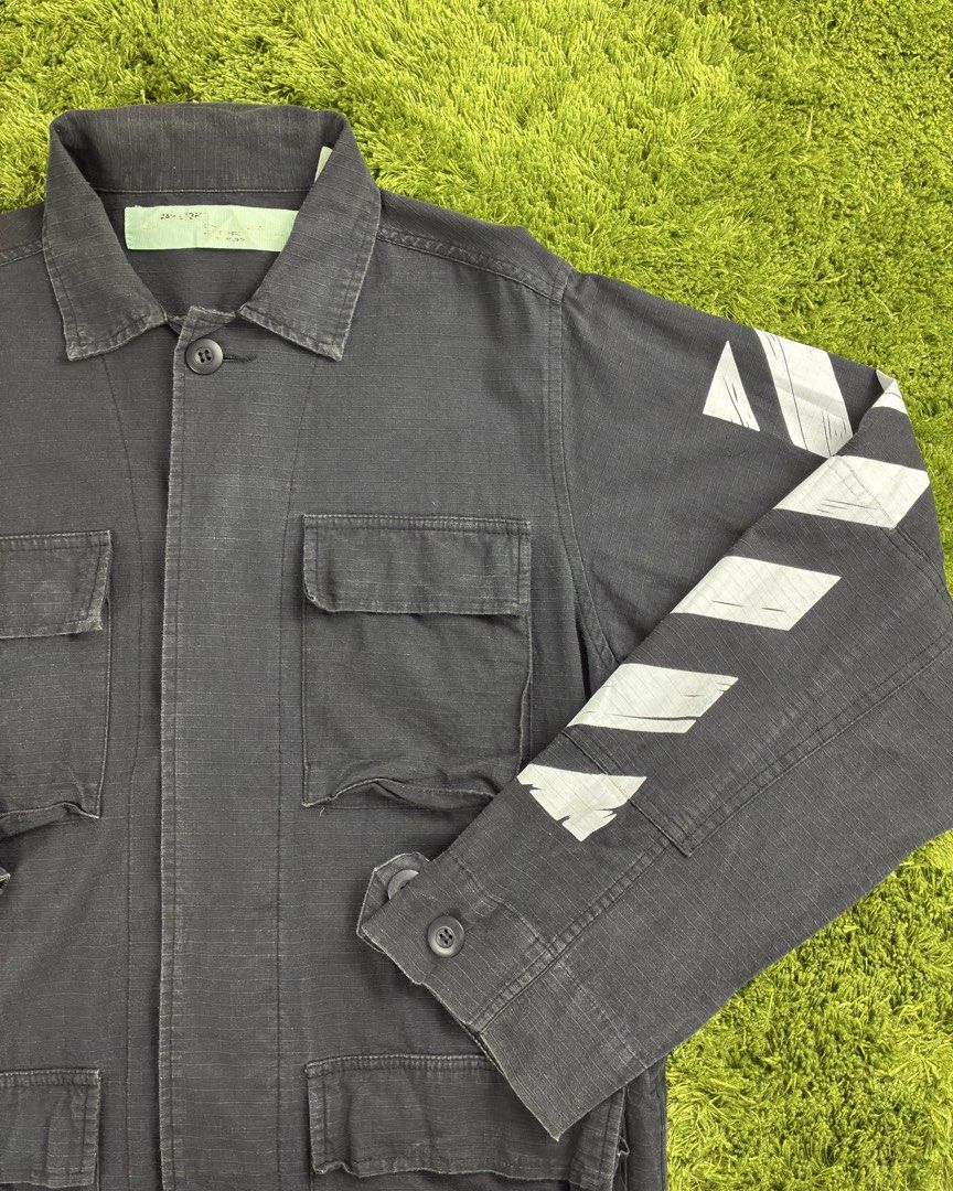 Off-White Military Jacket (Category: Coats, Jackets and Outerwear) located in Lucena. Submitted by shopdotmane (Listing ID 1460264047, Image 3). Description: Off-White Military Jacket Medium frame 20 (width) x 28 (length) Still in good condition Slightly faded Complete tags only, good for personal use .