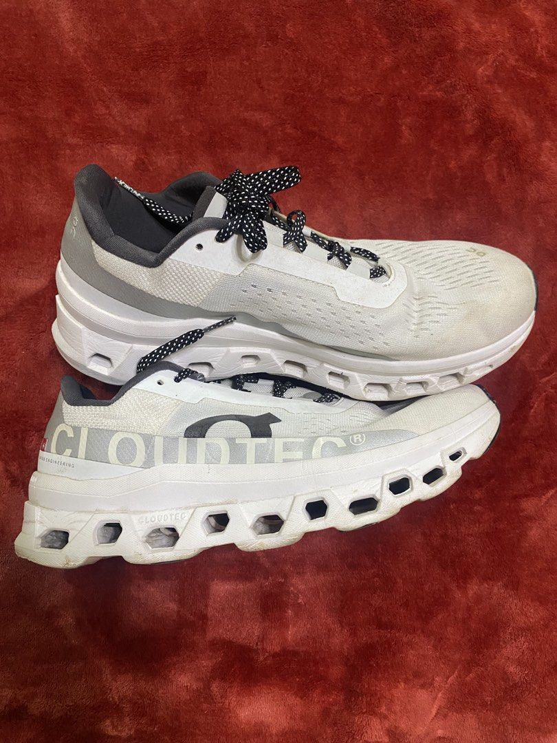 On Cloudmonster Running Shoes White (Category: Casual Shoes) located in Alburquerque. Submitted by zanegavynn43872 (Listing ID 1460241968, Image 1). Description: - On Cloudmonster running shoes in white. - Signature CloudTec cushioning for ultimate comfort. - Perfect for road running. - Black and white speckled laces. - Minor dirt on soles from normal use. - Plenty of mileage remaining..