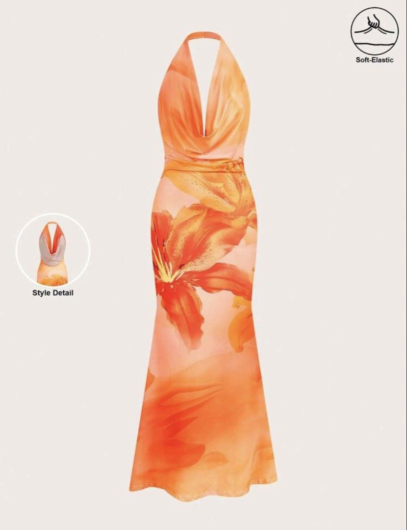 Orange Floral Dress (Category: Dresses) located in San Carlos. Submitted by gwnny (Listing ID 1460300173, Image 2). Description: sinuot lang ng isang beses sa beach shoot🫶🏻 kasya sa small-medium size (stretchable) .