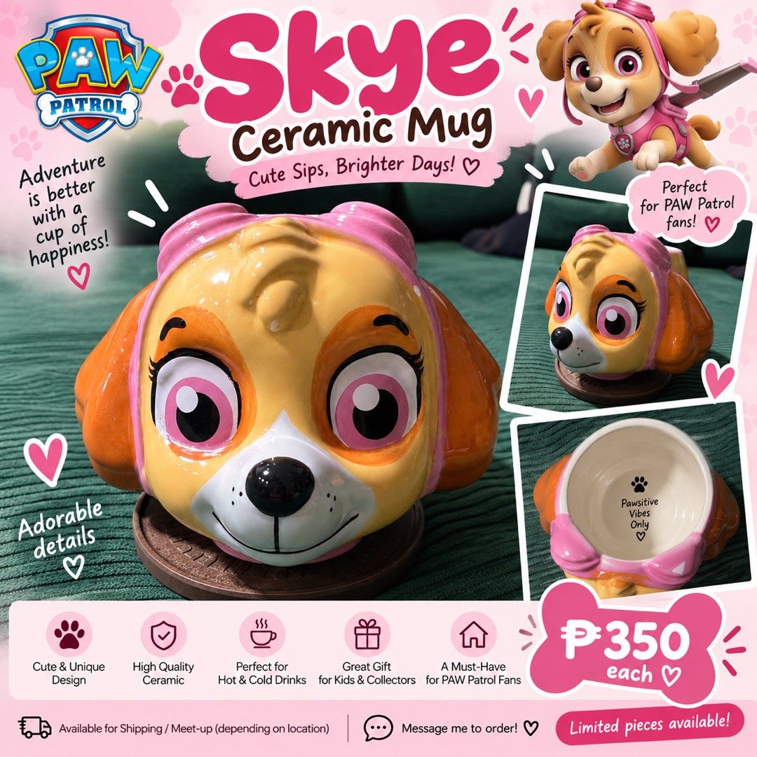 Paw Patrol Skye Ceramic Mug - Cute Sips, Brighter Days! (Category: Coffee & Tea Tableware) located in Manila. Submitted by deedelrsrio (Listing ID 1460206738, Image 1). Description: - Adorable Paw Patrol Skye Ceramic Mug - Ideal for hot or cold beverages - Features a cute and unique design - Made from high-quality ceramic - Perfect gift for kids, collectors, and Paw Patrol fans - Limited quantities available.
