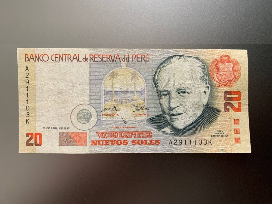 Peru 20 Nuevos Soles Banknote 1995 (Category: Currency) located in Indang. Submitted by vykolektor (Listing ID 1460218340, Image 1). Description: Peru 20 nuevos soles 1995 Condition in photos.