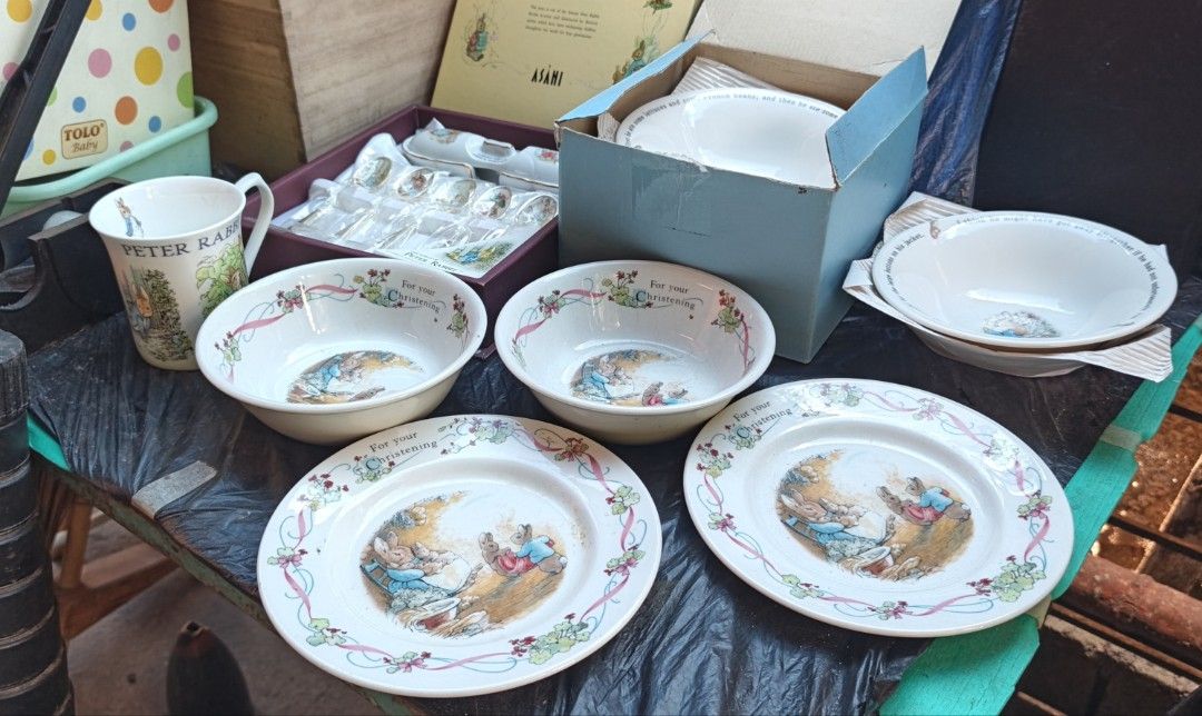 Peter Rabbit bundle (Category: Dinnerware & Cutlery) located in Polomolok. Submitted by dkljapansurplus (Listing ID 1460139287, Image 1). Description: Peter Rabbit bundle mula japan Wedgewood plate and bowl, 2pcs Peter Rabbit salad bowl, 5pcs Peter Rabbit Spoon & Spoon Case Peter Rabbit Mug Queen's 2007, 1pc Freeshipping.
