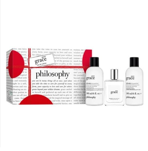 Philosophy Pure Grace EDT Gift Set Trio (Category: Bath) located in Manila. Submitted by memorylanestore (Listing ID 1460125561, Image 1). Description: Wrapped up for the holiday season in a limited-edition design, it makes the perfect gift. Contains: ● pure grace eau de toilette 2oz ● pure grace firming body emulsion body moisturizer 6oz ● pure grace hydrating shower gel, bubble bath & shampoo 6oz.