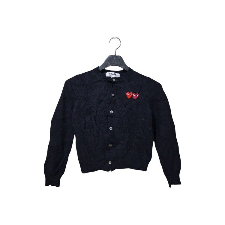 PLAY COMME des GARÇONS Cardigan (Authentic/Legit) (Category: Luxury Apparel) located in Leyte. Submitted by jpsrvd19 (Listing ID 1460237278, Image 1). Description: - PLAY COMME des GARÇONS Black Cardigan (Authentic/Legit) - Iconic double heart logo embroidered on chest - Button-up front - Made in Japan - Size: L - Ideal for layering.