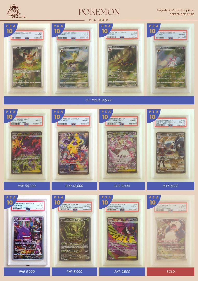 Pokemon PSA Slabs (Category: Raw Singles) located in Quezon City. Submitted by abztan401331 (Listing ID 1455126675, Image 1). Description: PSA 10 • Eevee - Gem Pack 2 (0115/15) • Gengar - Dark Phantasma (074/071) • Leafeon - Gem Pack 2 (0715/15) • Mega Gardevoir ex - Mega Symphonia (087/063) • Mega Gengar ex - MEGA Dream ex (230/193) • Mega Gengar ex - MEGA Dream ex (240/193) • Pikachu - Scarlet & Violet Promo JP (291/SV-P) • Pikachu ex - 2023 Wo