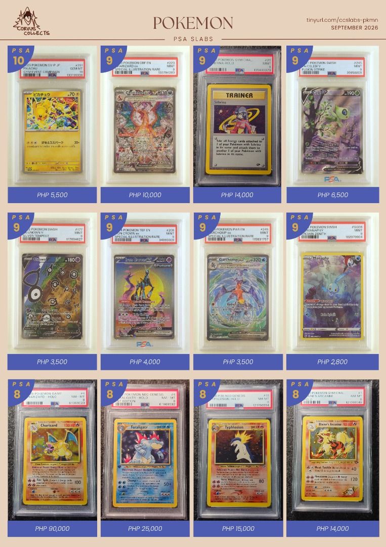 Pokemon PSA Slabs (Category: Raw Singles) located in Quezon City. Submitted by abztan401331 (Listing ID 1455126675, Image 2). Description: PSA 10 • Eevee - Gem Pack 2 (0115/15) • Gengar - Dark Phantasma (074/071) • Leafeon - Gem Pack 2 (0715/15) • Mega Gardevoir ex - Mega Symphonia (087/063) • Mega Gengar ex - MEGA Dream ex (230/193) • Mega Gengar ex - MEGA Dream ex (240/193) • Pikachu - Scarlet & Violet Promo JP (291/SV-P) • Pikachu ex - 2023 Wo