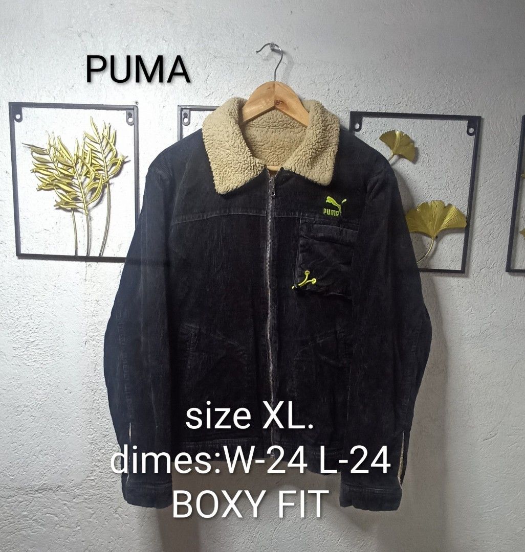 Puma Reversible Corduroy Sherpa Lined Jacket (Category: Coats, Jackets and Outerwear) located in Kawit. Submitted by deidzdzn (Listing ID 1460208641, Image 1). Description: - Brand: Puma (Reversible) - Color: Black/Tan - Material: Corduroy & Sherpa - Lining: Cozy Sherpa - Collar: Sherpa-lined - Closure: Zip-up front - Pockets: Two front pockets - Fit: Boxy - Size: XL - Ideal for: Cooler weather.