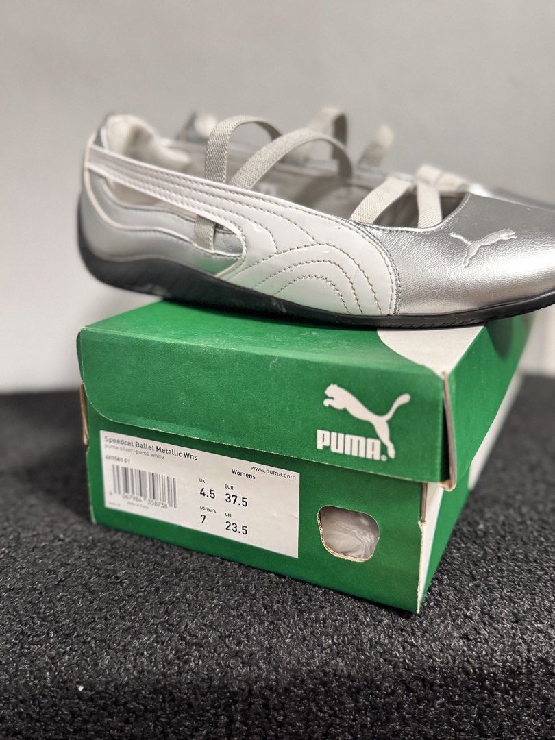 PUMA Speedcat Ballet Flats - Metallic Silver (Category: Sneakers) located in Manila. Submitted by lavenderguava68 (Listing ID 1460228780, Image 2). Description: Selling my seldom worn Puma speedcat ballet flats. No flaws! Worn around 3-4x lang. Needs cleaning but no damage. Rfa: After a few wears, I realized I needed to size up. 🥹 .