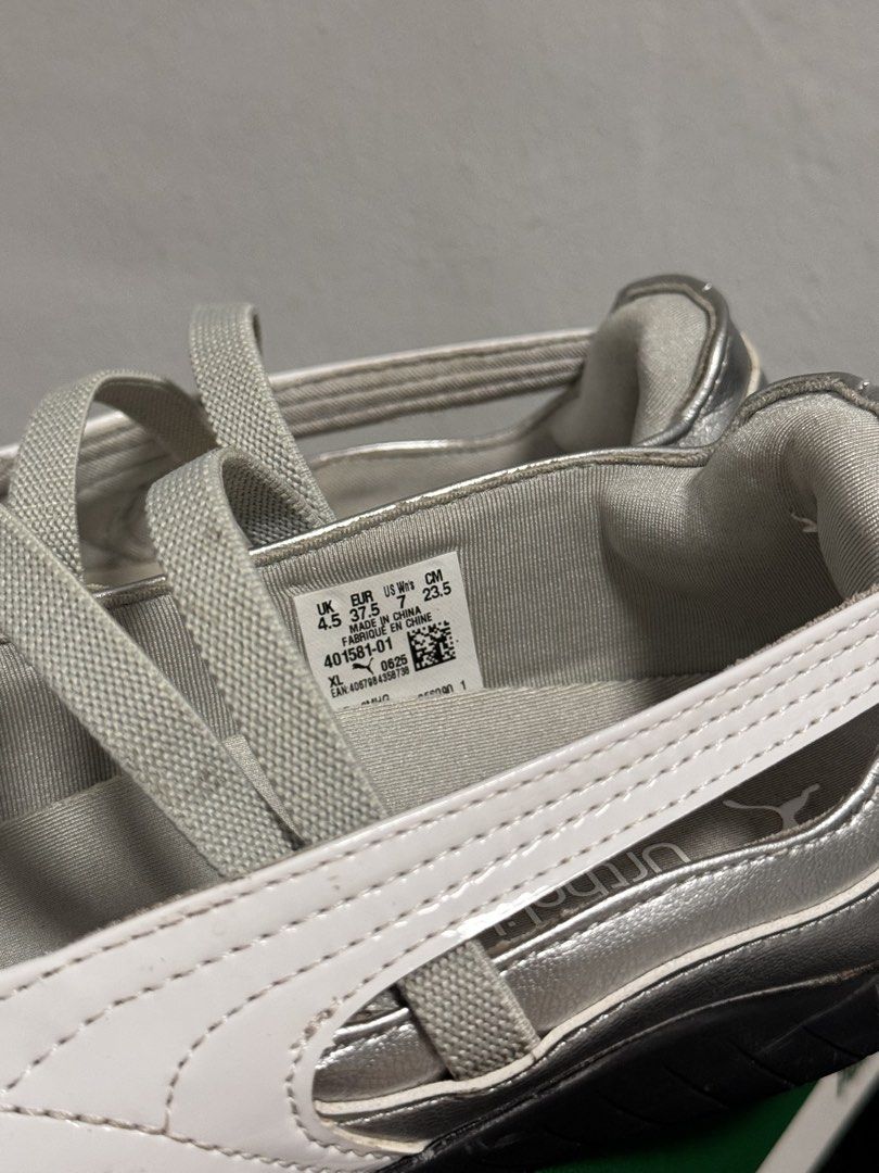 PUMA Speedcat Ballet Flats - Metallic Silver (Category: Sneakers) located in Manila. Submitted by lavenderguava68 (Listing ID 1460228780, Image 3). Description: Selling my seldom worn Puma speedcat ballet flats. No flaws! Worn around 3-4x lang. Needs cleaning but no damage. Rfa: After a few wears, I realized I needed to size up. 🥹 .