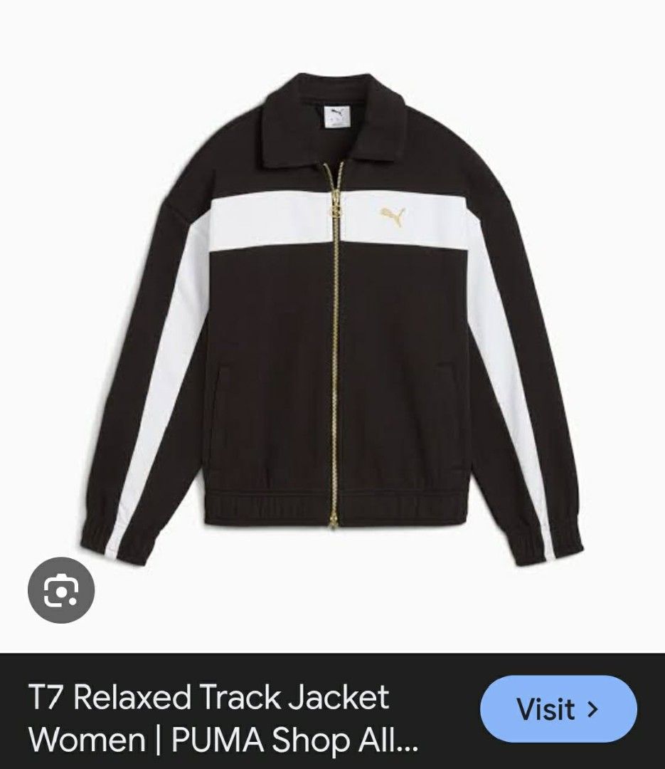 Puma T7 Relaxed Track Jacket Black White Gold (Category: Coats, Jackets and Outerwear) located in Manila. Submitted by jajahail2025 (Listing ID 1460299701, Image 1). Description: - Puma T7 Relaxed Track Jacket - Color: Black - White stripes down the sleeves - White band across the chest - Gold Puma logo and zipper - Relaxed fit for comfort - Stylish and versatile for casual wear or workouts.