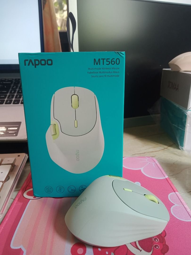 Rapoo MT560 Thumb Roll Multi-Mode Wireless Mouse Green Like New w/ Box (Category: Mouse & Mousepads) located in Taysan. Submitted by fherl18 (Listing ID 1460194457, Image 1). Description: Rapoo MT560 Multi-mode Wireless Optical Mouse Wireless connection: connect via Bluetooth 4.0, 5.0 and 2.4 GHz Up to 10 m range & 360° coverage Connect simultaneously to multiple devices Instantly switch among connected devices in one click (Automatic pairing) Co
