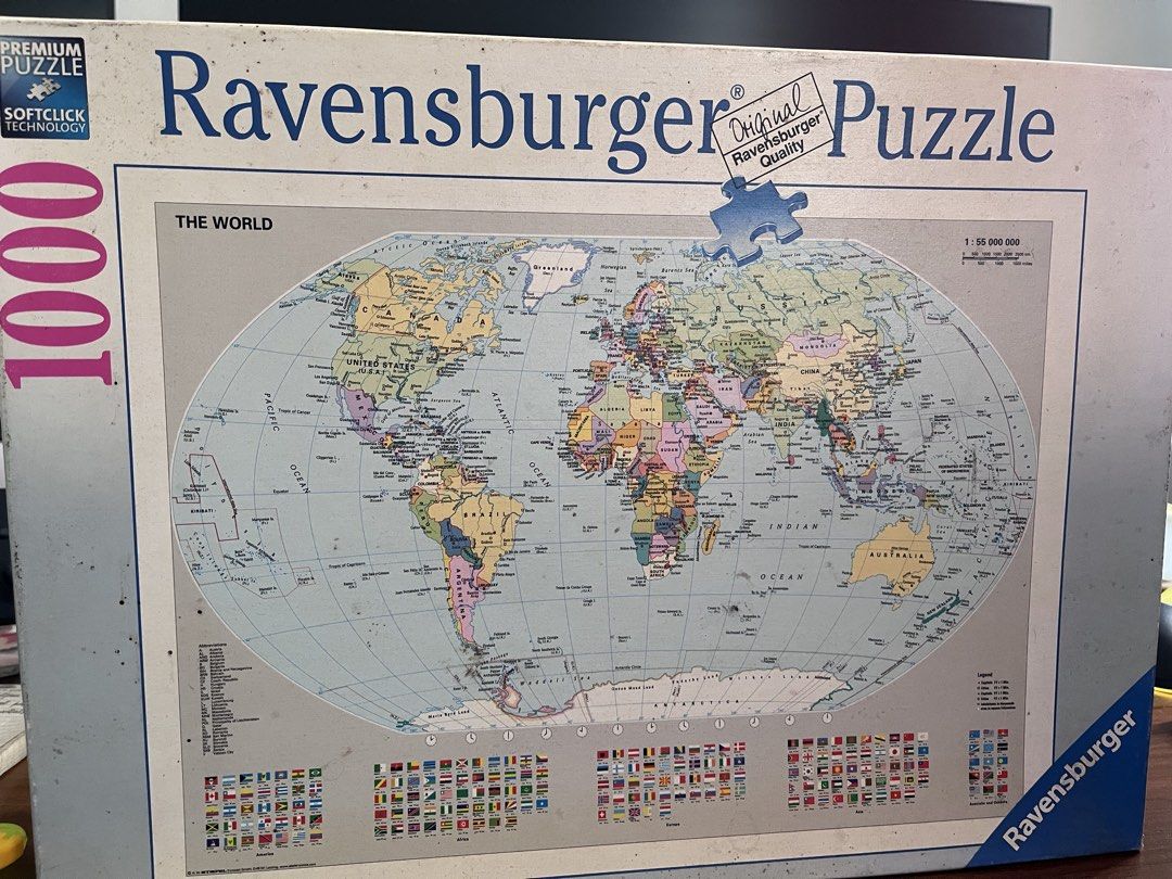 Ravensburger 1000 Piece World Map Puzzle (Category: Board Games & Puzzles) located in Quezon City. Submitted by ajjjjj1 (Listing ID 1460122614, Image 1). Description: - Ravensburger 1000-piece puzzle - World map theme - Features Softclick Technology for a great fit - Depicts countries, oceans, and flags - Ideal for geography learning or a fun challenge - Box shows some wear, puzzle pieces are likely complete.
