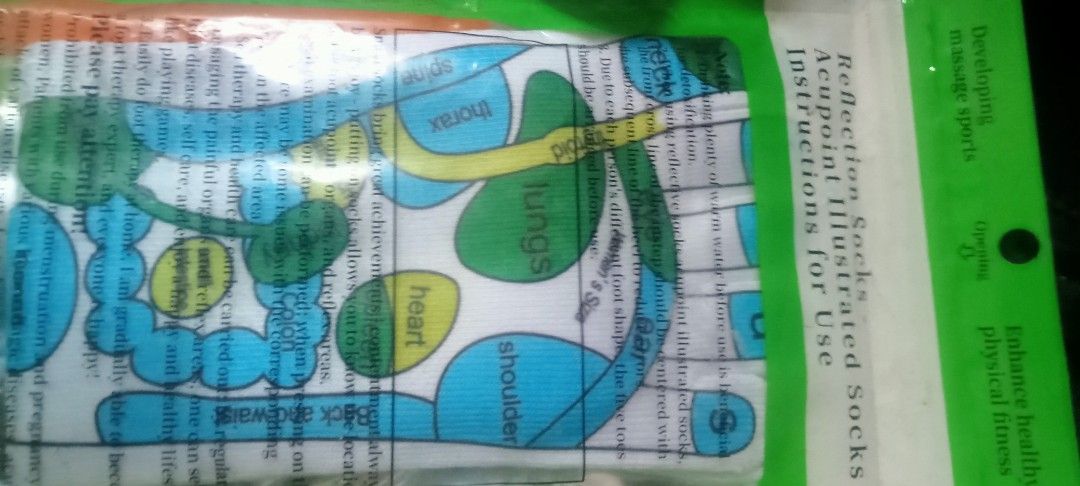 Reflexology socks (Category: Massage Devices) located in Paranaque City. Submitted by dimaguilaa94969 (Listing ID 1460189343, Image 1). Description: - Reflexology socks with acupoint illustrations - Helps with at-home foot therapy and self-care09260966619 - Illustrates correspondences between foot points and body organs (lungs, heart, spine, etc.) - Recommended to soak feet in warm water before use for enhanced benefits - Promotes overall well-be