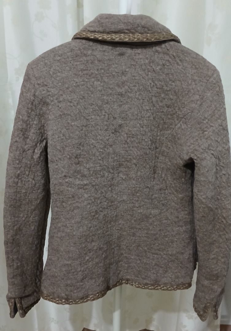 Beppe Spadacini Reversible Jacket (Category: Coats, Jackets and Outerwear) located in Makati City. Submitted by chamarket.2022 (Listing ID 1460283673, Image 2). Description: Beppe Spadacini (Como, Italy) jacket that is fully reversible. It transforms into two distinct styles in one Style 1: quilted wool/bouclé jacket with elegant braided trim on collar, pockets, and hem. Lined with button closure. Perfect for stylish layering. Style 2: taupe-brow