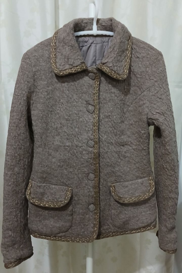 Beppe Spadacini Reversible Jacket (Category: Coats, Jackets and Outerwear) located in Makati City. Submitted by chamarket.2022 (Listing ID 1460283673, Image 1). Description: Beppe Spadacini (Como, Italy) jacket that is fully reversible. It transforms into two distinct styles in one Style 1: quilted wool/bouclé jacket with elegant braided trim on collar, pockets, and hem. Lined with button closure. Perfect for stylish layering. Style 2: taupe-brow