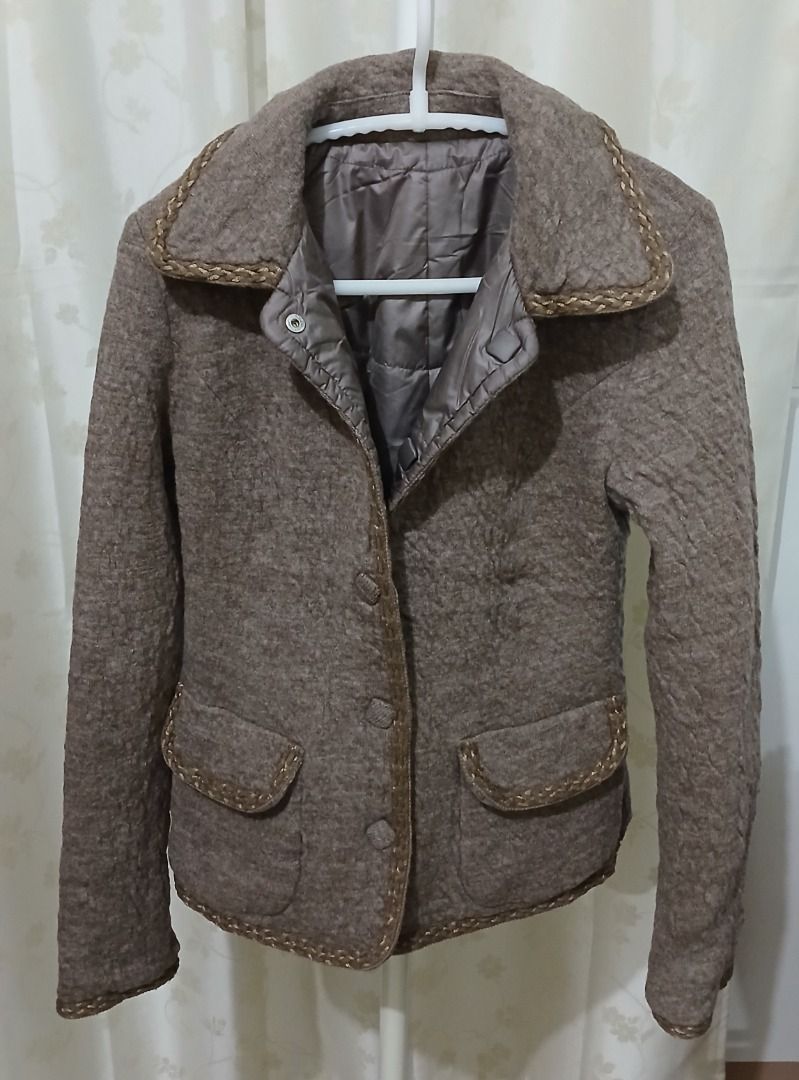 Beppe Spadacini Reversible Jacket (Category: Coats, Jackets and Outerwear) located in Makati City. Submitted by chamarket.2022 (Listing ID 1460283673, Image 3). Description: Beppe Spadacini (Como, Italy) jacket that is fully reversible. It transforms into two distinct styles in one Style 1: quilted wool/bouclé jacket with elegant braided trim on collar, pockets, and hem. Lined with button closure. Perfect for stylish layering. Style 2: taupe-brow