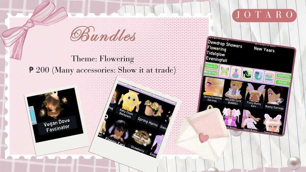 Rh seasonal accessories (Category: Others) located in Jaen. Submitted by ch1kiia (Listing ID 1460149712, Image 3). Description: haii ! ᵔ ᵕ ᵔ { 💞 } : For royale high { 🤍 } : For canva editing { 🩵 } : For bloxburg ♡ Gcash only ♡ Please don’t expect me to respond right away since i have an outside life and might be sleeping. However, if the payment is sent- i will prioritize your item. ♡ If you’re having doubts, please don’t hesitate to reach me 