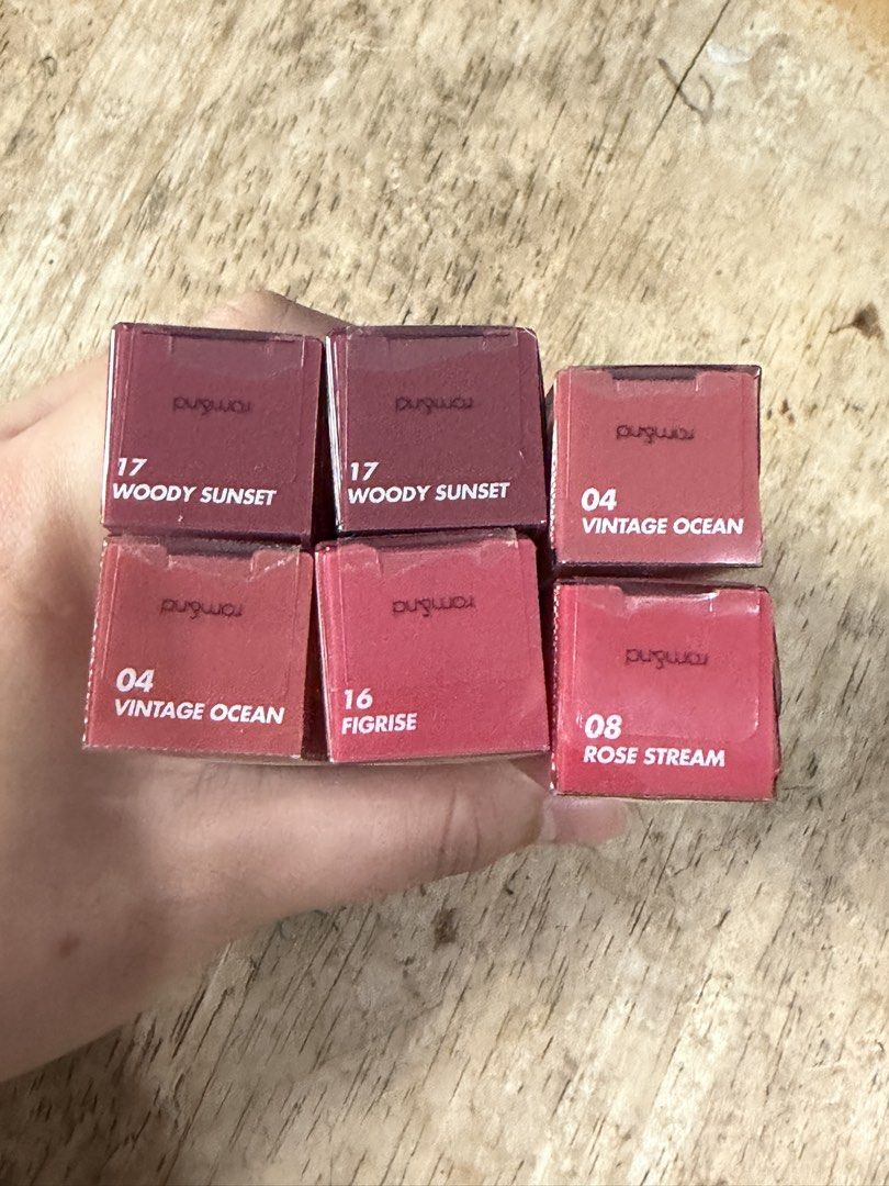 ROMAND GLASTING WATER TINT (Category: Makeup) located in Makati City. Submitted by mtcfashionfinds (Listing ID 1460145312, Image 2). Description: ROMAND GLASTING WATER TINT Available shades 04 VINTAGE OCEAN (EXP 20270708) - 2 pcs 17 WOODY SUNSET (EXP 20270516) - 1 pc 08 ROSE STREAM (EXP 20281311) - 1 pc.