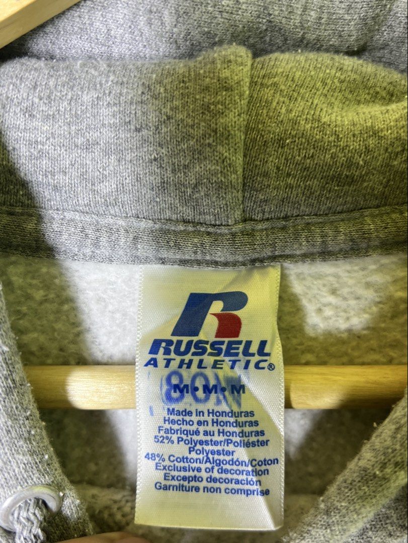 Russell Athletic Pullover Hoodie (Category: Hoodies) located in Labangan. Submitted by thriftaphistofficial (Listing ID 1460234551, Image 2). Description: Size: M on tag Dimes: Condition: Excellent Issue: Dot stain Color rate: 10/10.