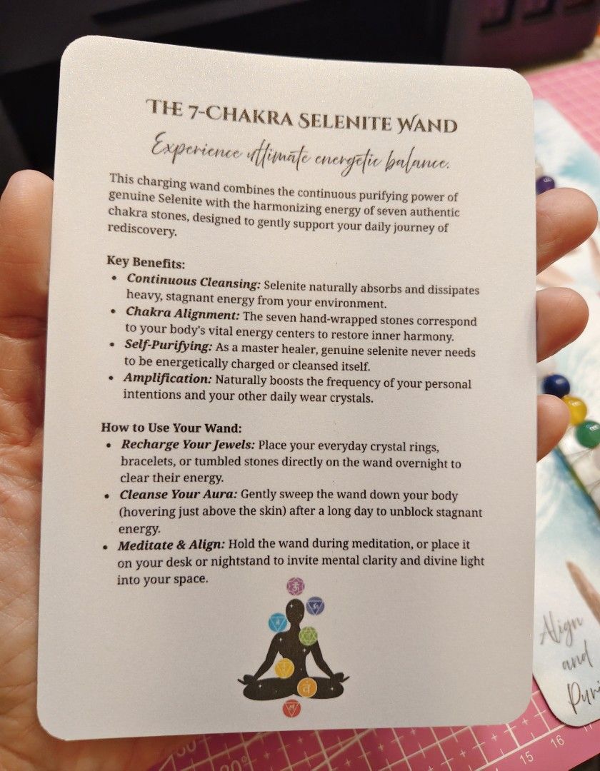 Selenite Chakra Wand with 7 Stones (Category: Precious Stones) located in Manila. Submitted by sagesoulscribblesstones (Listing ID 1460110378, Image 3). Description: ✨ Align & Purify: 4-Inch 7-Chakra Selenite Charging Wands – ₱333 ✨ Keep your energy and your crystal collection vibrating at its absolute highest frequency! These gorgeous 4-inch Selenite Wands are wire-wrapped with seven chakra-aligned gemstone beads, making them the ultimate multi-