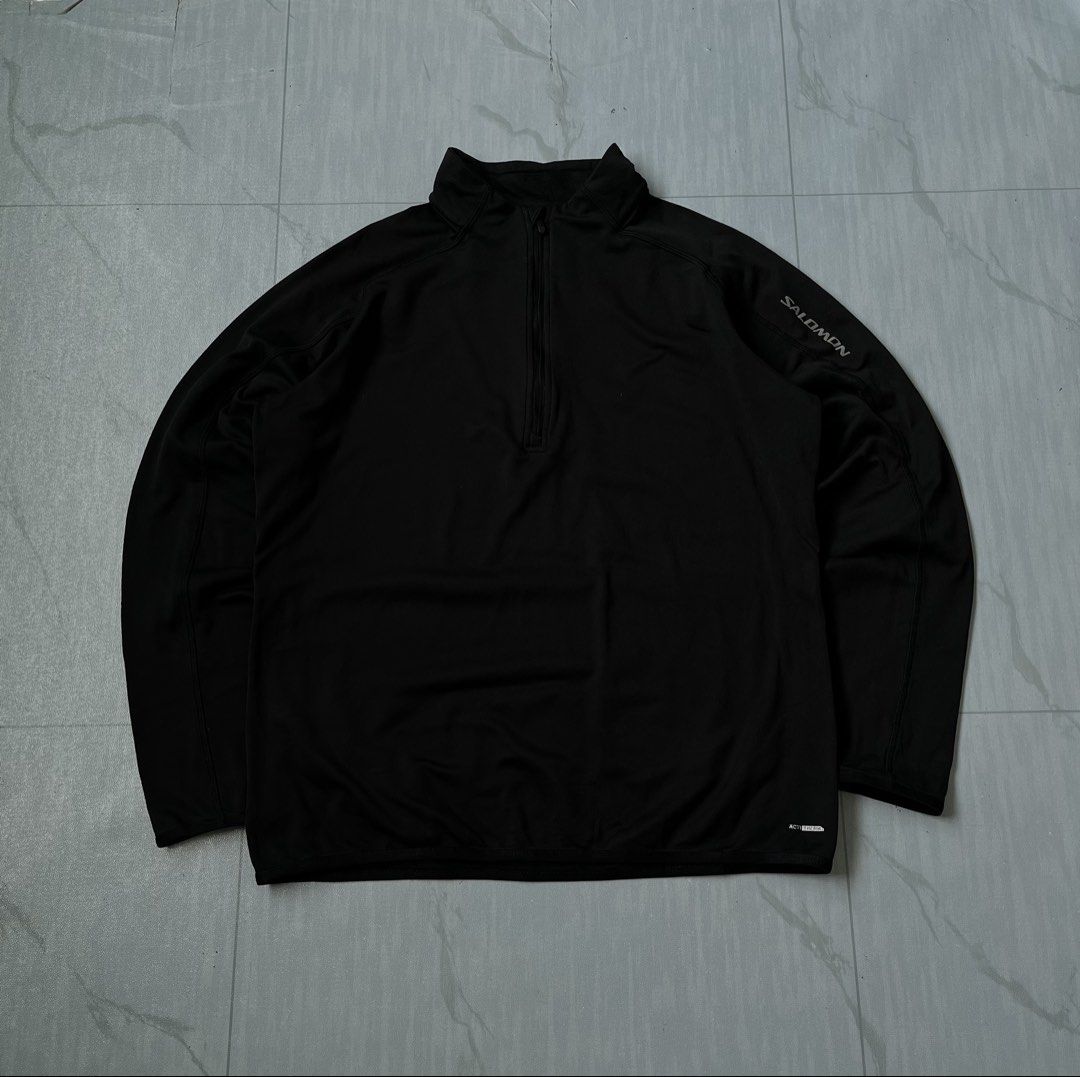 Salomon HalfZip ActiTherm DriFit (Authentic) (Category: Coats, Jackets and Outerwear) located in Cavite. Submitted by newclassicwear (Listing ID 1460182523, Image 1). Description: Size L On Tag (21width 25length) Excellent Condition. 9.8 Honest Color Rate None Any Issue - Black Salomon pullover - Features a 1/4 zip neckline - Equipped with ActiTherm technology for warmth - Soft fleece lining inside - Salomon logo detail on the sleeve - Ideal for 