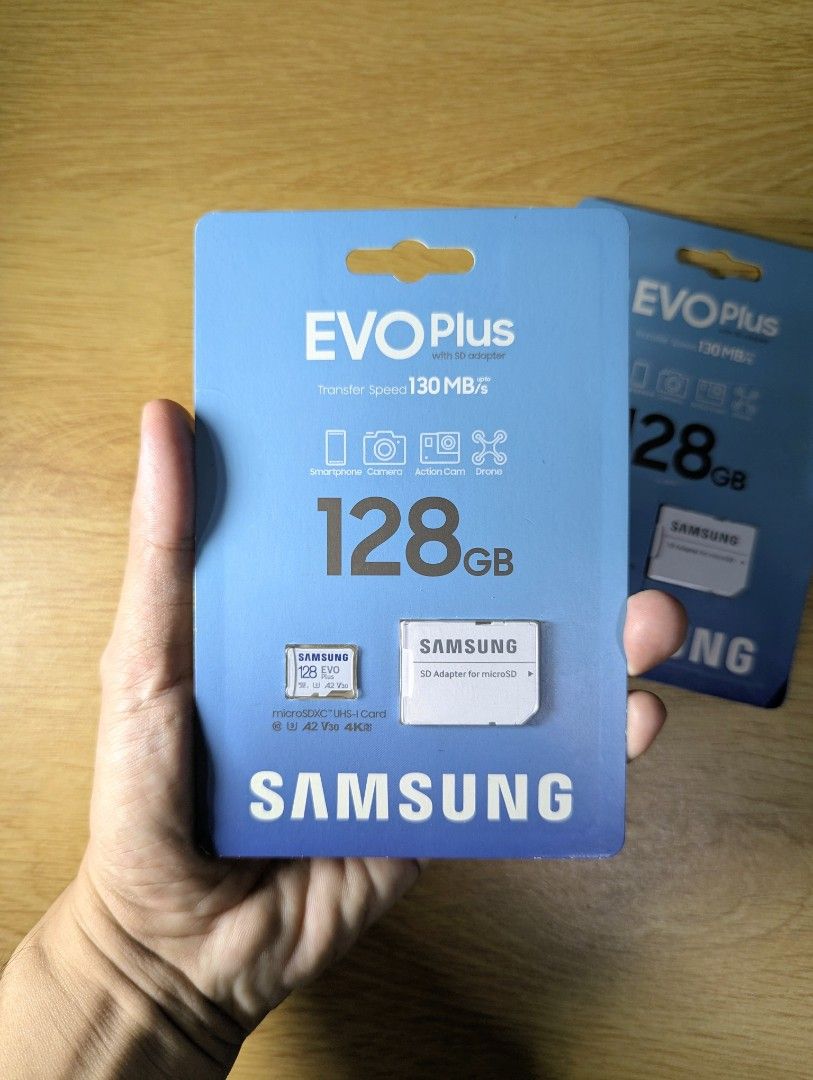 Samsung EVO Plus 128GB microSDXC Memory Card (Category: Memory & SD Cards) located in Manila. Submitted by looterzrack.ph (Listing ID 1460265150, Image 1). Description: Performance & Speed ​Transfer Speed: Up to 130 MB/s read speeds via UHS-I interface. ​Speed Ratings: Class 10, U3, and V30 ratings ensure smooth recording and playback of 4K UHD and Full HD video. ​App Performance: A2 rating provides faster app loading and smoother performance whe