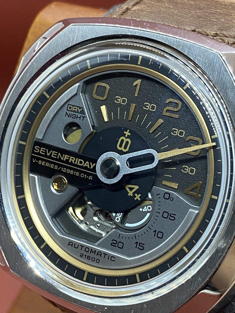 SevenFriday V-Series V2/01 “Boiler” (Category: Luxury Watches) located in Caloocan City. Submitted by showawatchesph (Listing ID 1460235838, Image 2). Description: Caliber: Miyota 82S7 (Japanese automatic movement) Case Code: C0376 Date : September 2015 The SevenFriday V-series V2/01 departs from traditional hands, utilizing a multi-layered dial with a copper and brass “additioner” disc system that creates a highly technical, unique way of displa