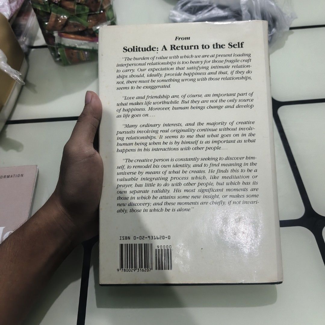 Solitude: A Return to the Self by Anthony Storr (Category: Storybooks) located in Caloocan City. Submitted by fooleveunder (Listing ID 1460207099, Image 2). Description: Edition: First American Edition, 1988 Hardbound 216 pages.