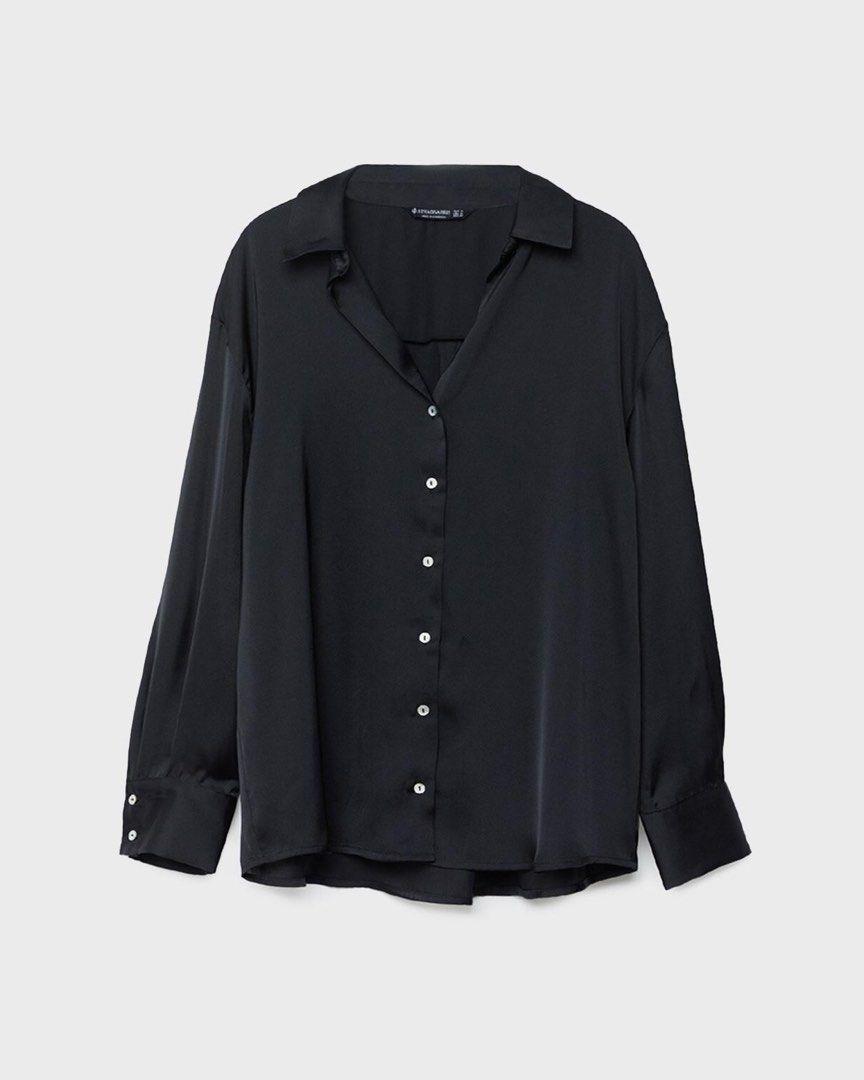 STRADIVARIUS Black Satin Button-Up Shirt (Category: Shirts) located in Cebu City. Submitted by zarizariii___ (Listing ID 1460125709, Image 1). Description: SRP is ₱2k+ and I’m selling it for wayyy cheaper! I barely used it, just a good staple button-up shirt everyone should have in their wardrobe! 📌It’s also kinda big on me, so it can fit S-Semi Med .