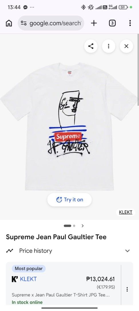 Supreme x Jean Paul Gaultier Tee (Category: Tshirts & Polo Shirts ) located in Davao. Submitted by thr1fty_cent (Listing ID 1460304339, Image 2). Description: - Supreme x Jean Paul Gaultier Tee - Iconic Graphic Print - 100% Premium Cotton - Pre-shrunk for lasting fit - Size: Medium - Made in USA - Perfect for collectors and streetwear enthusiasts.