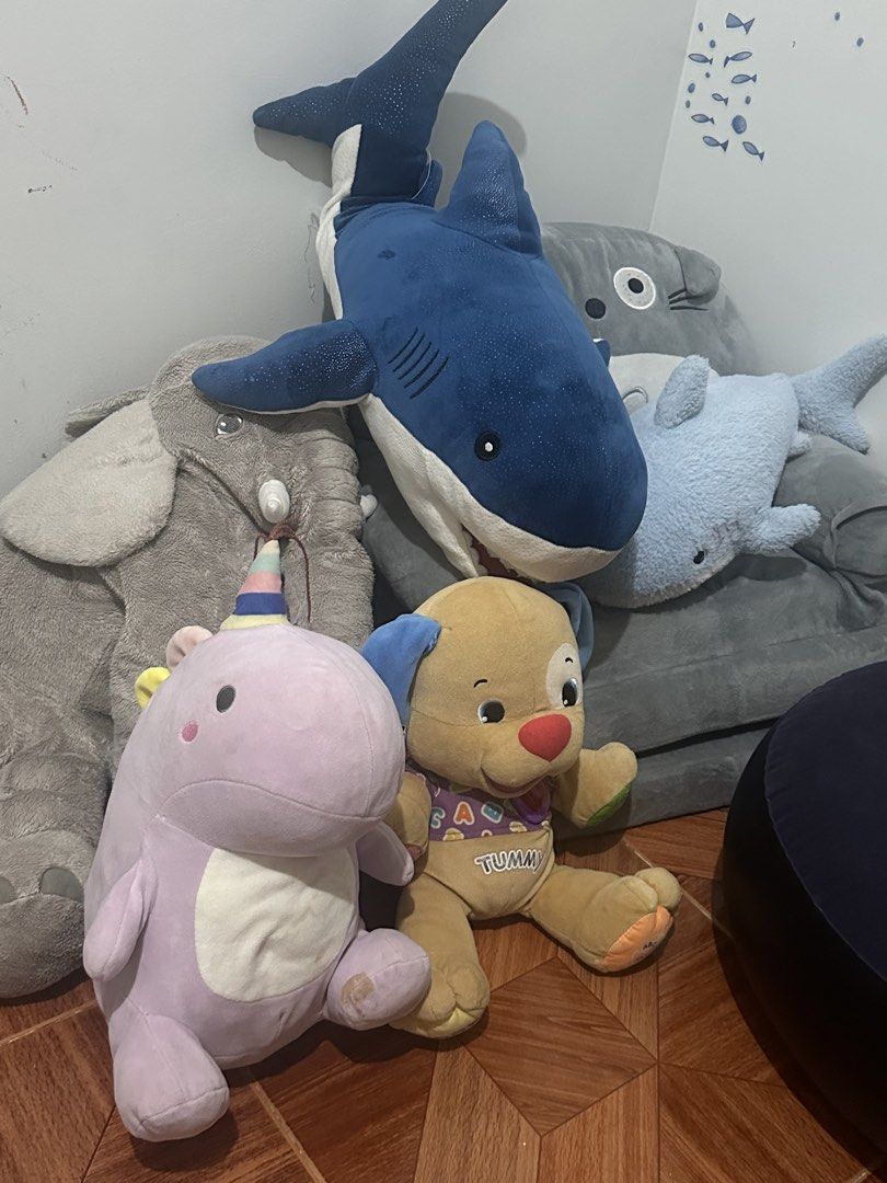 TAKE ALL BIFF STUFFIES (Category: Infant Playtime) located in Bulacan. Submitted by xcchris (Listing ID 1460128366, Image 2). Description: big elepant bought in ikea cost 1k na tje sofa set cause 6hundred the 2 sharky more that 5h and the bear not sure if this is working pa .