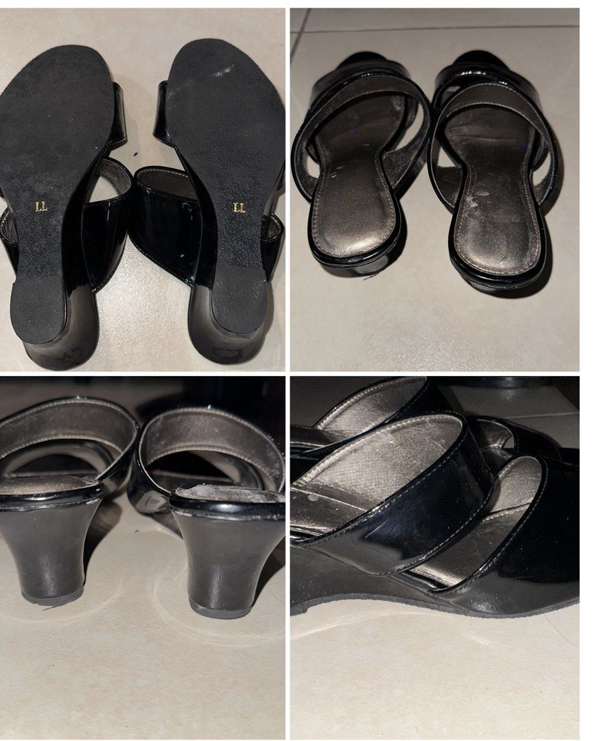 Take All❕Wedge Heels Sandals Bundle (Category: Wedges) located in Mandaluyong City. Submitted by TheWeekendProject (Listing ID 1460172257, Image 3). Description: - 3 pairs of stylish wedge footwear. - Pair 1: Classic black patent wedge heels. - Pair 2: Chic elastic black and silver wedge (unused with tag) - Pair 3: Stylish Beige sling back wedge (needs reglue) - Sandals are from assorted brands - Versatile for both casual outings and dressing up.