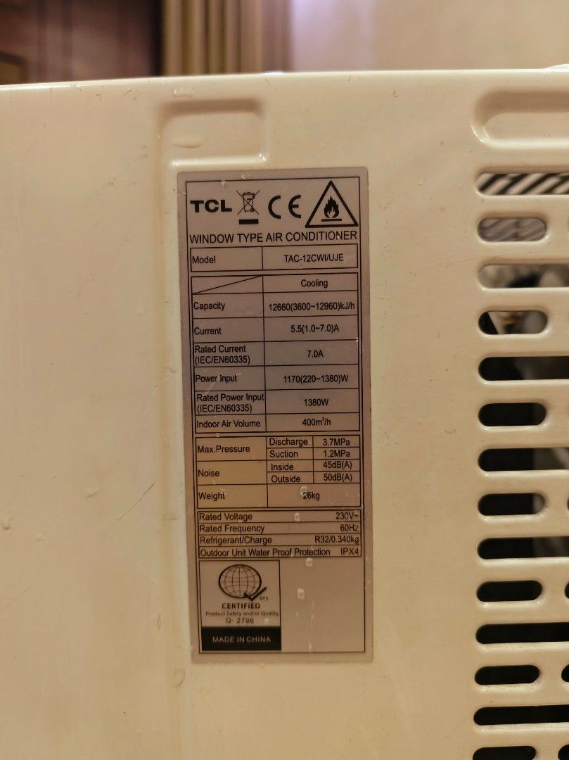 TCL Window Type Air Conditioner TAC-12CWI/UJE (Category: Air Conditioning and Heating) located in Quezon City. Submitted by lyn.22 (Listing ID 1460120430, Image 3). Description: - TCL Window Air Conditioner - Model: TAC-12CWI/UJE - Cooling Capacity: 12660 (3600-12950) kJ/h - Power Input: 1170 (220-1380) W - Comes with Remote Control - Outdoor Unit Waterproof Protection: IPX4 *Super sariwa, 3 months lang nagamit * Nagpalit ng split type kaya di na