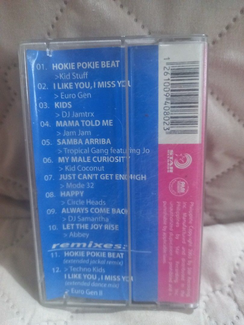 Techno Kids Hokie Pokie Beat Cassette Tape (Category: CDs & DVDs) located in Valenzuela. Submitted by retro.rush (Listing ID 1460174708, Image 2). Description: - Techno Kids Hokie Pokie Beat cassette tape - Features popular 90s dance hits - Includes songs: Hokie Pokie Beat, I like You, I Miss You, Mama Told Me, Samba Arriba, and Happy - Ideal for fans of 90s dance music.