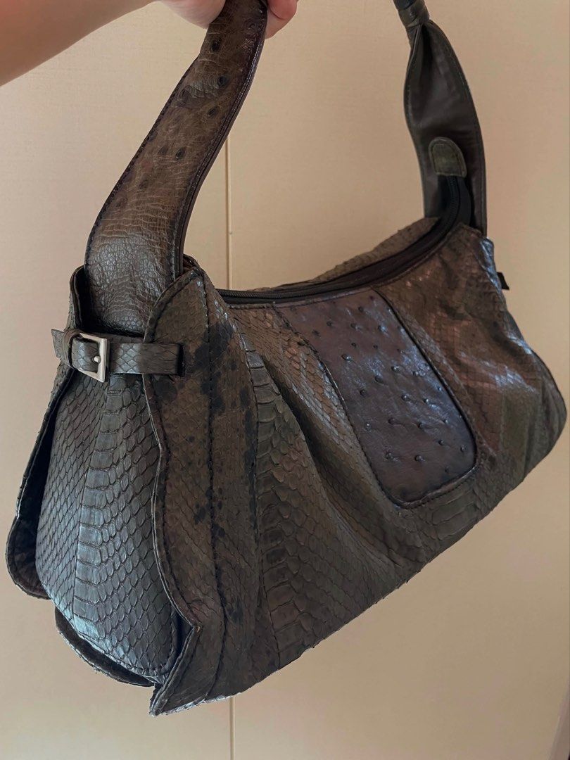Textured Exotic-Print Panel Hobo / Shoulder Bag (Category: Belt bags, Clutches and Pouches) located in Manila. Submitted by thevintagebow (Listing ID 1460190793, Image 3). Description: Statement Exotic-Print Hobo Shoulder Bag ! 🐍 A chic, multi-texture statement piece featuring a striking patchwork of ostrich- and python-effect panels, polished buckle sides, and a comfortable shoulder strap. 🧳 Price: ₱3,500 PHP ONLY (Similar structured statement