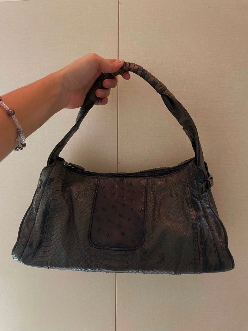 Textured Exotic-Print Panel Hobo / Shoulder Bag (Category: Belt bags, Clutches and Pouches) located in Manila. Submitted by thevintagebow (Listing ID 1460190793, Image 1). Description: Statement Exotic-Print Hobo Shoulder Bag ! 🐍 A chic, multi-texture statement piece featuring a striking patchwork of ostrich- and python-effect panels, polished buckle sides, and a comfortable shoulder strap. 🧳 Price: ₱3,500 PHP ONLY (Similar structured statement
