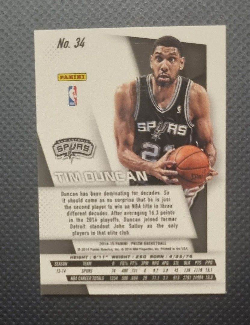 Tim Duncan 2014 Prizm Card (Category: Raw Singles) located in Pasig City. Submitted by MaryandXaviersCorner (Listing ID 1460144877, Image 2). Description: Tim Duncan 2014 Prizm Card Actual pictures of the item posted Will be shipped in a toploader and bubblewrap Please check my other NBA cards listings..