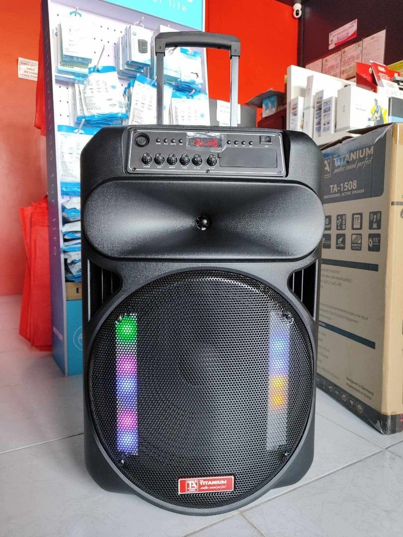 Titanium 600w Trolley Rechargeable Speaker Bluetooth with 2pcs Mic TA-1508 (Category: Soundbars, Speakers & Amplifiers) located in Makati City. Submitted by slaccessoriesshop (Listing ID 1460199389, Image 2). Description: Titanium 600w Trolley Rechargeable Speaker Bluetooth with 2pcs Mic TA-1508 ✅ SAME DAY DELIVERY (within NCR and Cavite area) ✅ ORIGINAL / BRAND NEW/ SEALED ✅ We issue Sales Invoice (BIR registered) ✅ Open for Retail and Bulk Orde