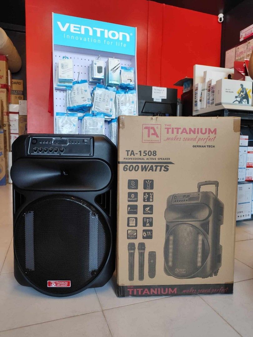 Titanium 600w Trolley Rechargeable Speaker Bluetooth with 2pcs Mic TA-1508 (Category: Soundbars, Speakers & Amplifiers) located in Makati City. Submitted by slaccessoriesshop (Listing ID 1460199389, Image 3). Description: Titanium 600w Trolley Rechargeable Speaker Bluetooth with 2pcs Mic TA-1508 ✅ SAME DAY DELIVERY (within NCR and Cavite area) ✅ ORIGINAL / BRAND NEW/ SEALED ✅ We issue Sales Invoice (BIR registered) ✅ Open for Retail and Bulk Orde