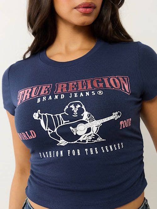 True Religion Gathered Baby Tee (Category: Blouses) located in Alabel. Submitted by rndm.f1nds (Listing ID 1460160141, Image 2). Description: Width: 18in Length: 19in.