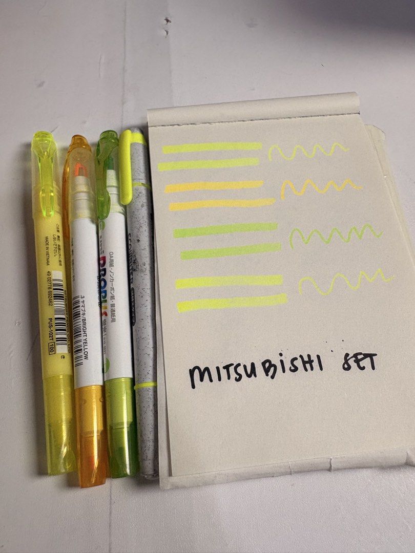 Uni Propus Window & EcoWriter Highlighters Set (Category: Craft Supplies & Tools) located in Pasig City. Submitted by purplewingsph1 (Listing ID 1460106026, Image 3). Description: - Set of 4 Uni highlighters: Propus Window and EcoWriter models. - Colors included: Yellow, Orange, and two shades of Green. - Features a unique 'window' tip for precise highlighting and visibility. - Perfect for students, planners, and anyone who needs to mark importan