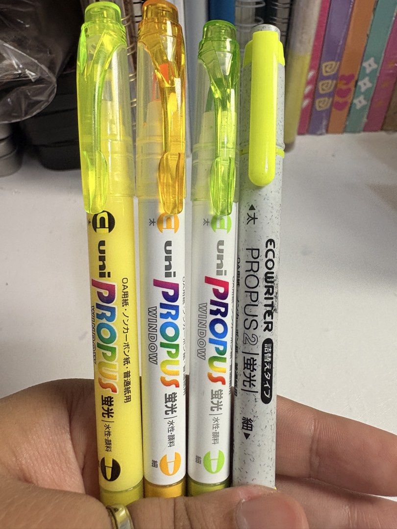 Uni Propus Window & EcoWriter Highlighters Set (Category: Craft Supplies & Tools) located in Pasig City. Submitted by purplewingsph1 (Listing ID 1460106026, Image 1). Description: - Set of 4 Uni highlighters: Propus Window and EcoWriter models. - Colors included: Yellow, Orange, and two shades of Green. - Features a unique 'window' tip for precise highlighting and visibility. - Perfect for students, planners, and anyone who needs to mark importan