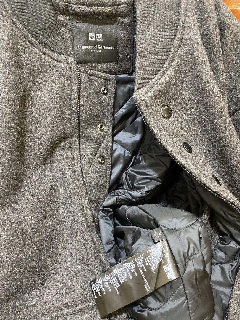 Uniqlo Engineered Garments Wool Blend Bomber Jacket Grey (Category: Coats, Jackets and Outerwear) located in Manila. Submitted by haveago0dthrift (Listing ID 1460138502, Image 3). Description: - Uniqlo x Engineered Garments collaboration - Grey wool blend bomber jacket - Quilted lining for extra warmth - Button and zip front closure - Two front pockets with button closure - Ribbed cuffs and hem - Ideal for cooler weather - Width 25 - Length 25.