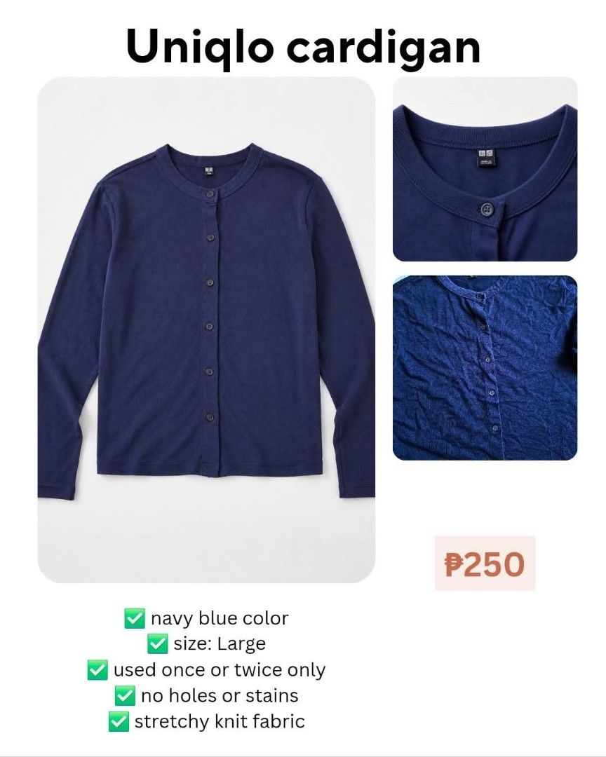 Uniqlo Navy Blue Cardigan (Category: Coats, Jackets and Outerwear) located in Quezon City. Submitted by cathyrpillar (Listing ID 1460197218, Image 1). Description: - Uniqlo Cardigan - Color: Navy Blue - Size: Large - Condition: Like new, worn only once or twice - Flaws: No holes or stains - Material: Stretchy knit fabric - Style: Versatile basic for any wardrobe.